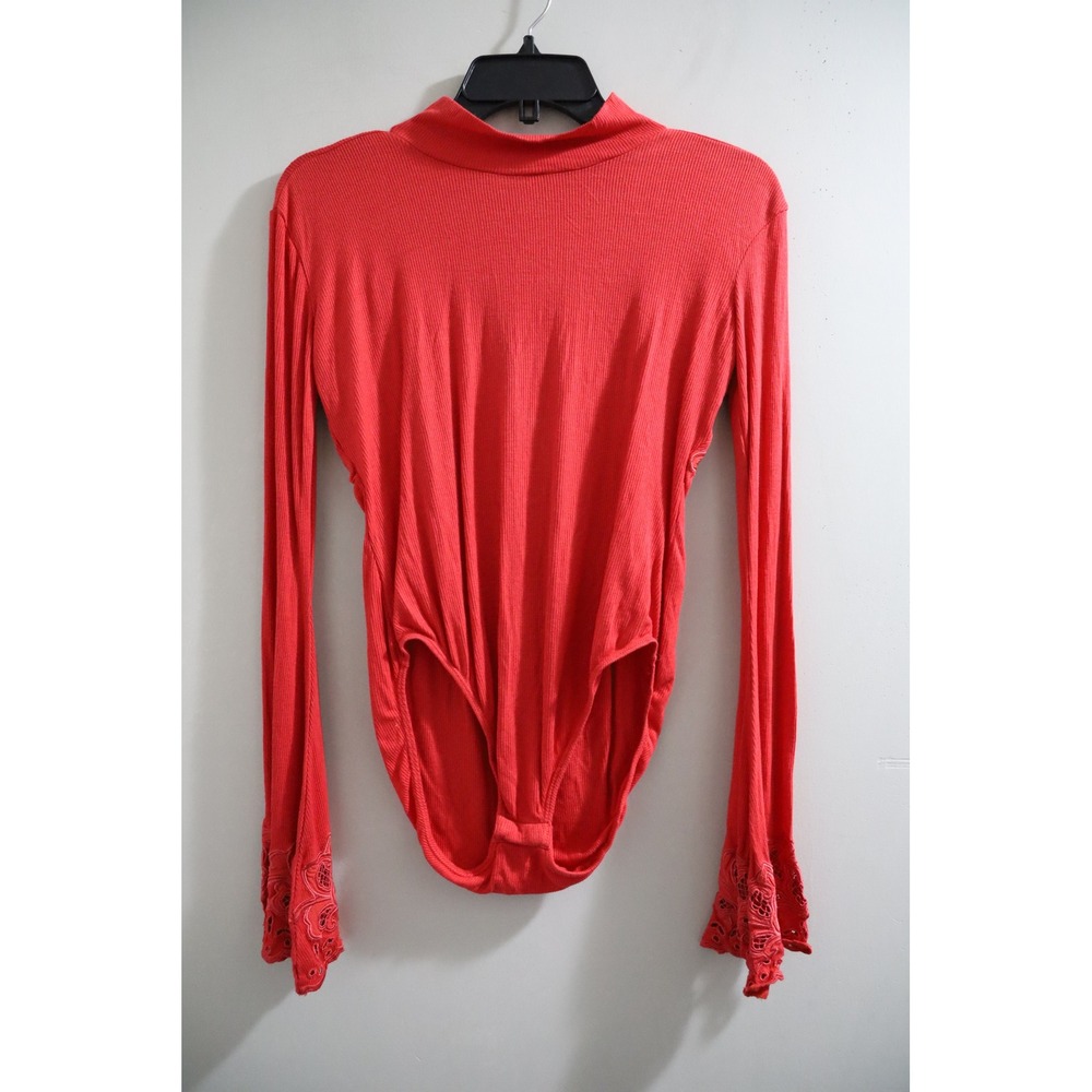 Free People Red Ribbed Open Back Bodysuit Lace Flare Sleeve Small OB66170